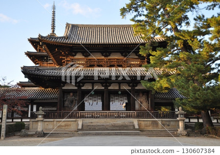 The front of the Sanmon Gate of Horyuji Temple in autumn, November The front of the Sanmon Gate of Horyuji Temple in autumn, November 130607384