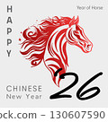 Design template for festive illustrations, greeting cards and banners. Chinese New Year 2026 Year of the Horse. Golden and red fire. minimalistic trendy 130607590