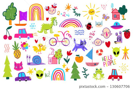 Kid rainbow school doodle set 130607706