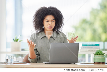 Laptop, glitch and frustrated with a business black woman looking upset or annoyed while working in her office. Computer, 404 and angry with a female employee feeling stressed or overworked Laptop, glitch and frustrated with a business black woman looking upset or annoyed while working in her office. Computer, 404 and angry with a female employee feeling stressed or overworked 130607796