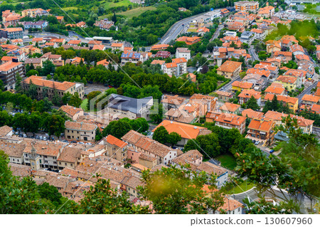 Republic of San Marino street top view on tiled roofs Republic of San Marino street top view on tiled roofs 130607960