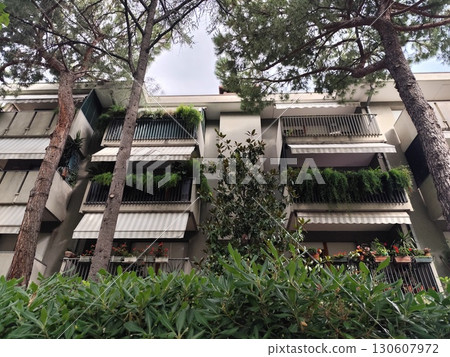 Greening of balconies. Flowers and plants in pots. Mini garden on an open balcony of an apartment building. Greening of balconies. Flowers and plants in pots. Mini garden on an open balcony of an apartment building. 130607972