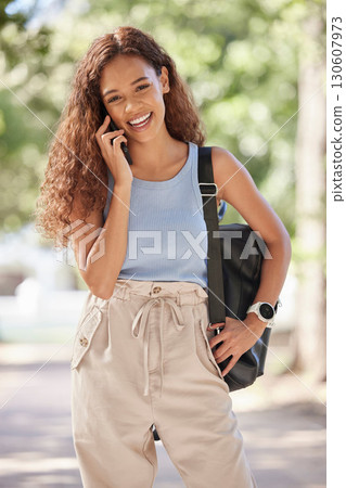 Phone call, university campus and student happy with news, feedback or study results for school, education or learning. Excited black woman or person smartphone communication for college application Phone call, university campus and student happy with news, feedback or study results for school, education or learning. Excited black woman or person smartphone communication for college application 130607973