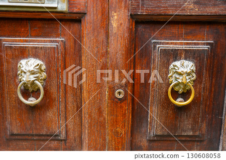 Brass door knocker in the shape of a lion holding a ring in its teeth 130608058