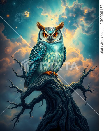 Majestic Owl Perched on Bare Tree Branch Under a Celestial Sky 130608173