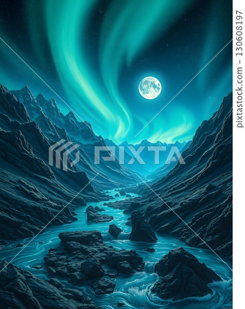 Moonlit Mountain Valley River Scene with Aurora Borealis Northern Lights 130608197