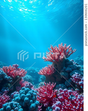 Vibrant pink and blue coral reef underwater scene sunlit ocean floor sea 130608201