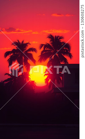 Tropical sunset with palms and house in vivid crimson skies 130608275