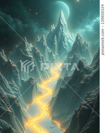 Majestic Mountain Range Shines Underneath the Glowing Moonlit Starry Sky 130608324