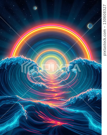 Surreal ocean with vibrant waves, celestial light and radiating rainbow arches 130608327