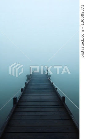 Eerie Calm: Fog Enshrouds a Wooden Pier Stretching Into the Distance 130608373