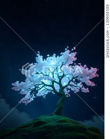 Glowing Cherry Tree Under a Starry Night Sky Above the Hill 130608389