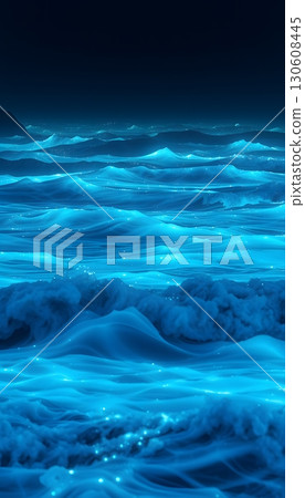 Enchanting Blue Ocean Waves with Sparkling Bioluminescence at Night 130608445