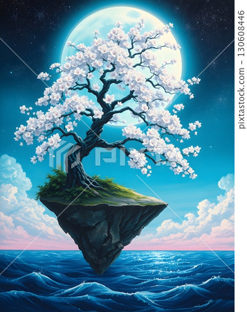 Blossoming tree island floating under a celestial moonlit night scene. 130608446