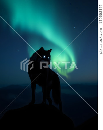 Majestic wolf silhouette beneath the ethereal northern lights sky panorama 130608535
