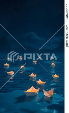 Serene voyage of glowing paper boats on tranquil, starry waters. 130608536