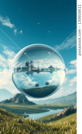 Dreamlike landscape captured inside a pristine crystal globe reflecting the scenery. 130608611