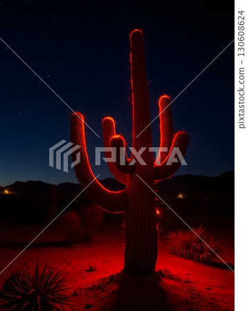 Red glow on desert cactus at night, desert landscape stars. 130608624