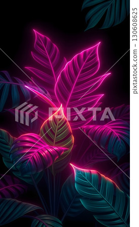 Vibrant neon foliage: Abstract botanical design with vivid pinks and teals Vibrant neon foliage: Abstract botanical design with vivid pinks and teals 130608625