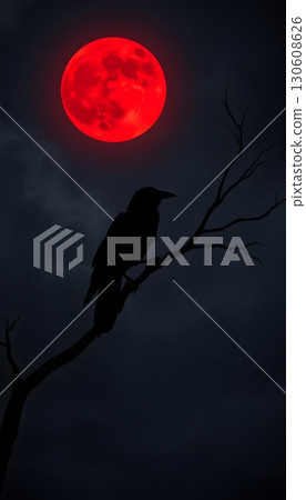 Raven Silhouette Perched Under a Stunning Red Moon in the Night 130608626