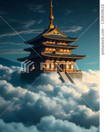 Ethereal Japanese Pagoda Floating Above the Clouds Underneath a Starry Sky 130608628