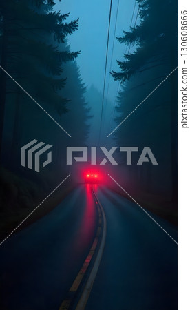 A car with red tail lights driving on a road through a forest shrouded in heavy fog at nighttime mobile wallpaper 130608666