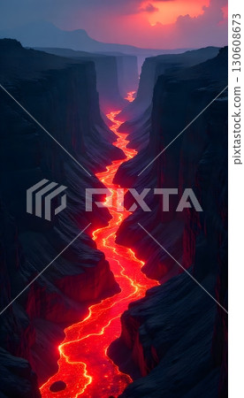 A glowing river of lava flowing through a dark canyon under a colorful sky at sunset or sunrise mobile wallpaper 130608673