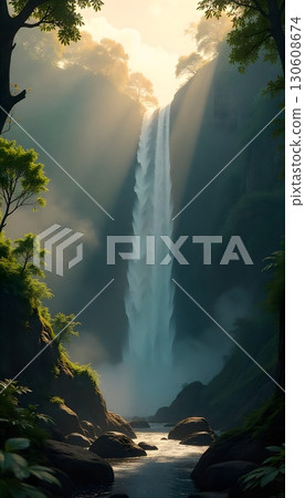 A waterfall cascading down a cliffside surrounded by lush green foliage and a misty atmosphere mobile wallpaper 130608674