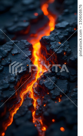 A fissure in dark rock filled with bright orange lava flowing down, creating a fiery spectacle mobile wallpaper 130608676