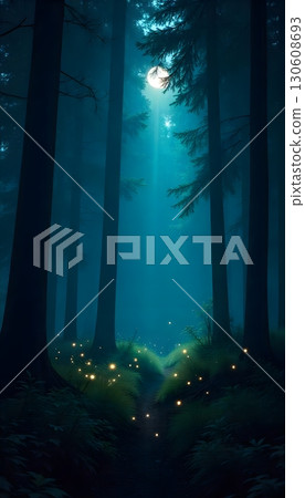 Enchanted Forest Path Lit by Moonlight and Fireflies in the Night Enchanted Forest Path Lit by Moonlight and Fireflies in the Night 130608693