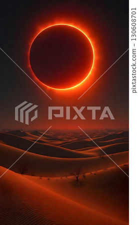 Eerie eclipse in desert landscape, orange sand dunes and dark sky Eerie eclipse in desert landscape, orange sand dunes and dark sky 130608701