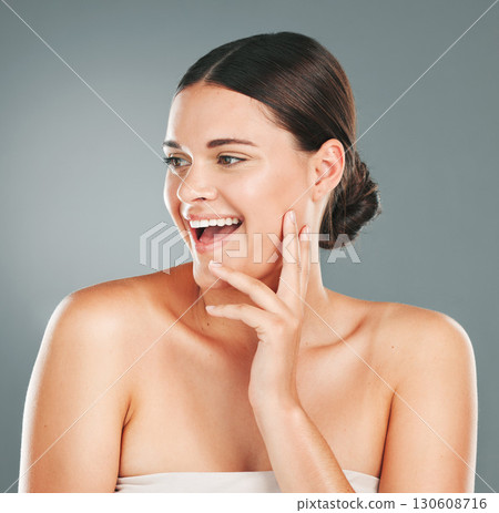 Woman, happy skincare and beauty vision for cosmetics wellness, skin dermatology and lifestyle happiness in studio. Model, smile and luxury facial care and salon spa cosmetology or body care glow Woman, happy skincare and beauty vision for cosmetics wellness, skin dermatology and lifestyle happiness in studio. Model, smile and luxury facial care and salon spa cosmetology or body care glow 130608716