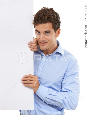 Portrait, business man and mockup board in studio, isolated white background and promotion announcement. Worker, model and advertising blank poster, sign and space for news, branding and information 130608750