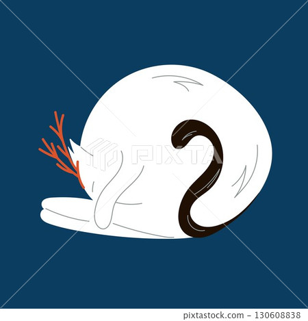 Curled white cat with a black tail and antler decoration resting on a blue background in flat style. Curled white cat with a black tail and antler decoration resting on a blue background in flat style. 130608838