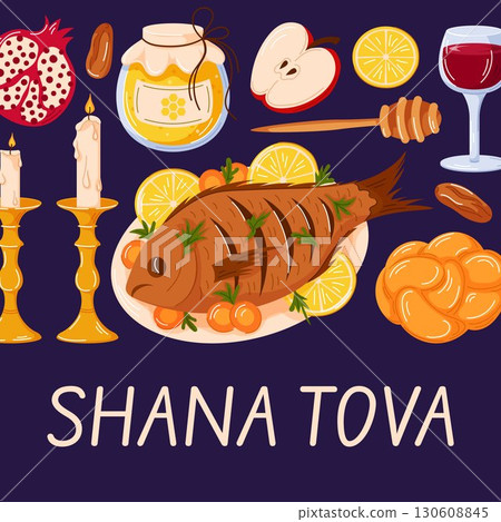 Shana Tova greeting card with traditional Rosh Hashanah holiday symbol, fish, challah bread, honey, candle, kiddush wine, fruit in flat style. Shana Tova greeting card with traditional Rosh Hashanah holiday symbol, fish, challah bread, honey, candle, kiddush wine, fruit in flat style. 130608845
