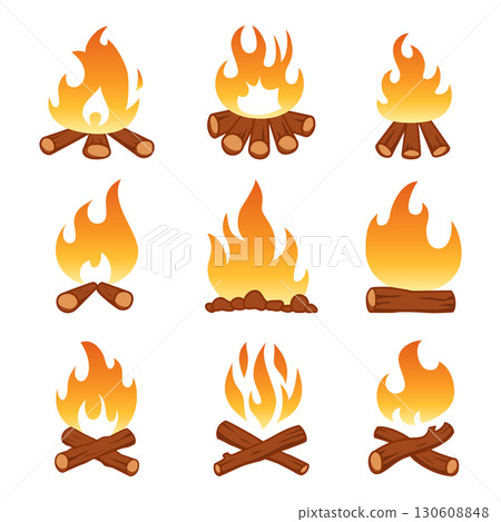 Collection of cartoon campfire icons with flames and wooden logs 130608848