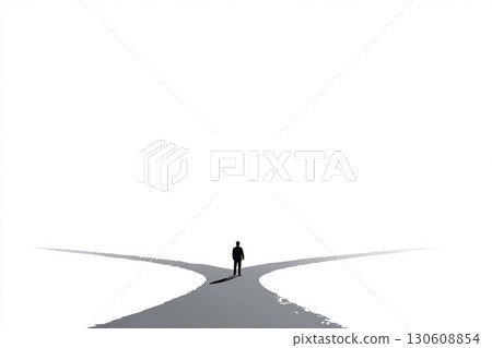 Illustration of a silhouette of a person standing at a crossroads (choice, decision, life) 130608854