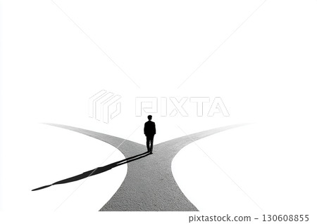 Illustration of a silhouette of a person standing at a crossroads (choice, decision, life) 130608855