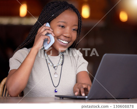 Black woman, phone call and laptop with smile for communication, conversation or discussion at cafe. Happy African American female freelancer smiling on mobile smartphone by computer in remote work Black woman, phone call and laptop with smile for communication, conversation or discussion at cafe. Happy African American female freelancer smiling on mobile smartphone by computer in remote work 130608878