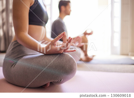Yoga, lotus hands and couple meditation, zen fitness and training for mindfulness, spiritual healing and peace. Meditate, holistic workout and people or personal trainer in wellness class 130609018
