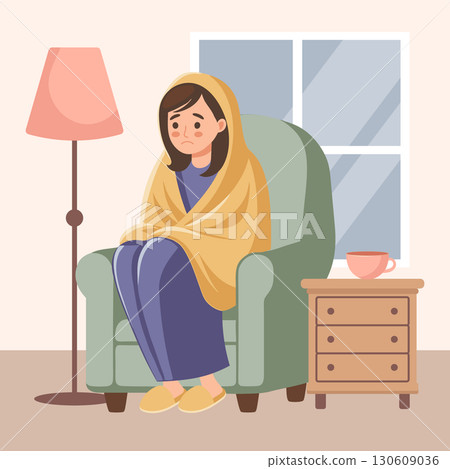 Unwell woman wrapped in blanket in a chair and drinking a hot drink. Concept of illness, sickness, cold, flu, fever. Illustration. 130609036