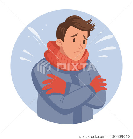Man feels cold. Person in jacket and scarf is freezing from cold. Illustration. Man feels cold. Person in jacket and scarf is freezing from cold. Illustration. 130609040