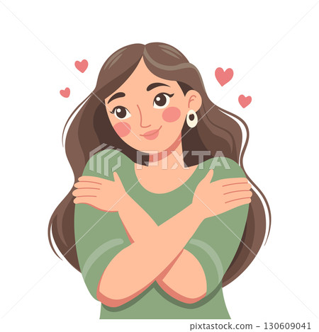 Cute girl hugging herself. Self love concept. Love yourself. Illustration. 130609041