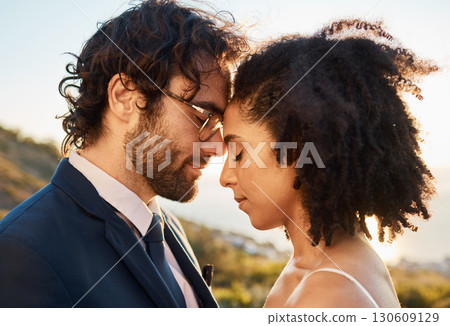 Wedding hug, interracial couple and love of people outdoor in nature for marriage and save the date. Prayer, celebration and bride with man for commitment, care and pray together feeling calm 130609129