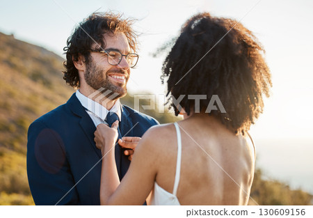 Love, wedding or a couple of friends in a park after a romantic celebration in an interracial marriage. Sunset, black woman and happy man enjoy a peaceful memory or commitment as bride and groom 130609156