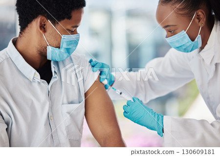 Covid 19 vaccine, injection or doctor with black man for healthcare consultation, medical service or corona virus medicine. Nurse girl, syringe and patient at hospital pharmacy clinic for vaccination Covid 19 vaccine, injection or doctor with black man for healthcare consultation, medical service or corona virus medicine. Nurse girl, syringe and patient at hospital pharmacy clinic for vaccination 130609181