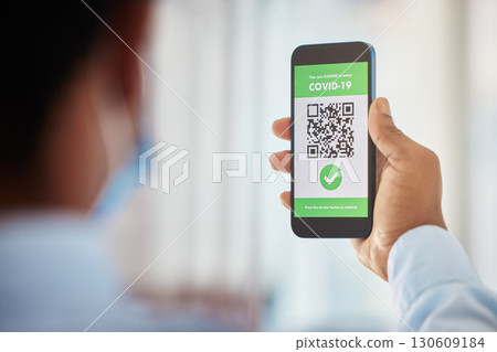 Covid 19 vaccine, man and phone qr code for security, safety or travel during corona virus pandemic. Digital app software, health certificate and confirmation tick, check mark or verification success Covid 19 vaccine, man and phone qr code for security, safety or travel during corona virus pandemic. Digital app software, health certificate and confirmation tick, check mark or verification success 130609184