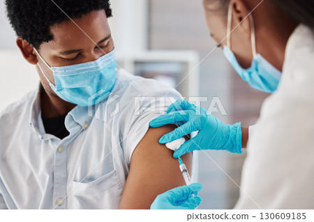 Covid 19 vaccine, injection and nurse with black man for healthcare consultation, medical service or corona virus medicine. Doctor, syringe and black man at hospital pharmacy clinic for vaccination Covid 19 vaccine, injection and nurse with black man for healthcare consultation, medical service or corona virus medicine. Doctor, syringe and black man at hospital pharmacy clinic for vaccination 130609185