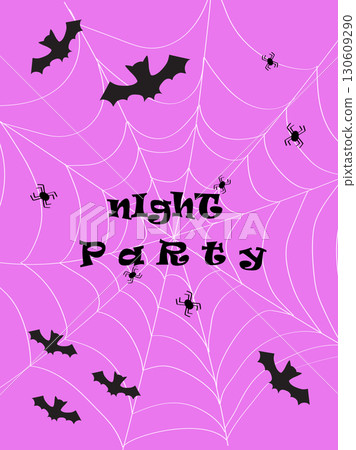 Halloween card with spiders and cobwebs, bats. The label is Night party on a pink background. Funny Halloween Greeting Card. 130609290