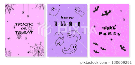 Halloween cards set. Cute ghosts, bats, spiders and cobwebs on a pink and lilac purple background. Funny Halloween characters and quotes vertical cover or story designs. 130609291
